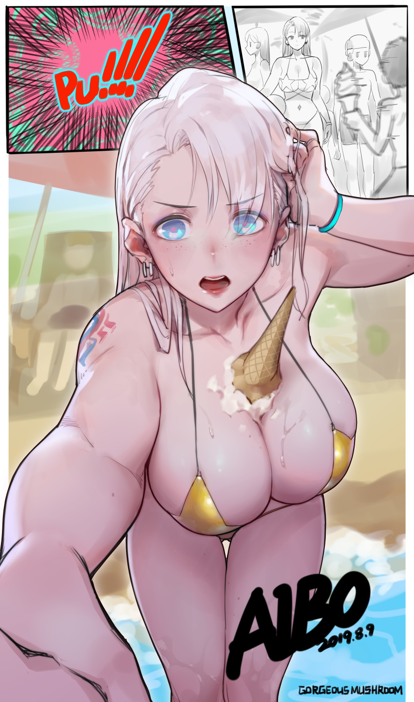 1girls absurdres aibo_(gorgeous_mushroom) bikini blue_eyes breasts cleavage female female_only food_between_breasts freckles gorgeous_mushroom highres ice_cream ice_cream_cone large_breasts looking_at_viewer solo_focus white_hair