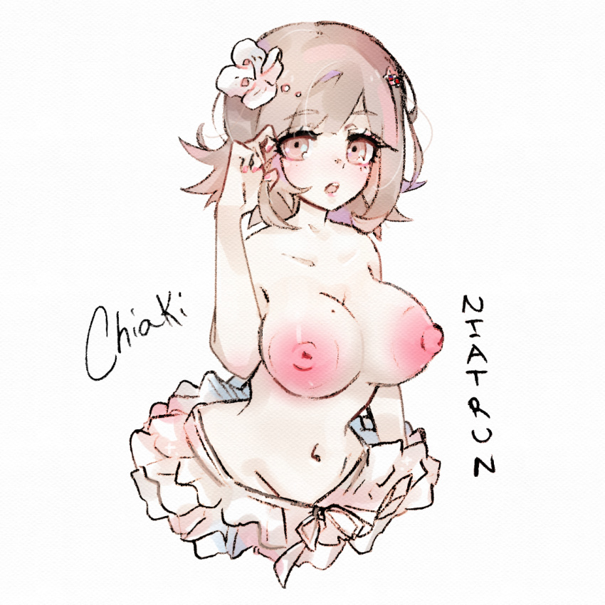 1girls areolae bangs bare_shoulders belly blunt_bangs breasts brown_eyes brown_hair collarbone danganronpa danganronpa_2:_goodbye_despair eyebrows_visible_through_hair female_only flower hair_flower hair_tucking hairclip half-closed_eyes inverted_nipples large_areolae large_breasts large_nipples light_brown_hair looking_at_viewer messy_hair mole mole_on_breast nail_polish nanami_chiaki navel nipples no_bra open_mouth pink_nails puffy_nipples short_hair skirt solo source_request straight_hair swimsuit thin_waist topless traditional_media_(artwork) watercolor_(artwork) white_background white_skin wide_hips