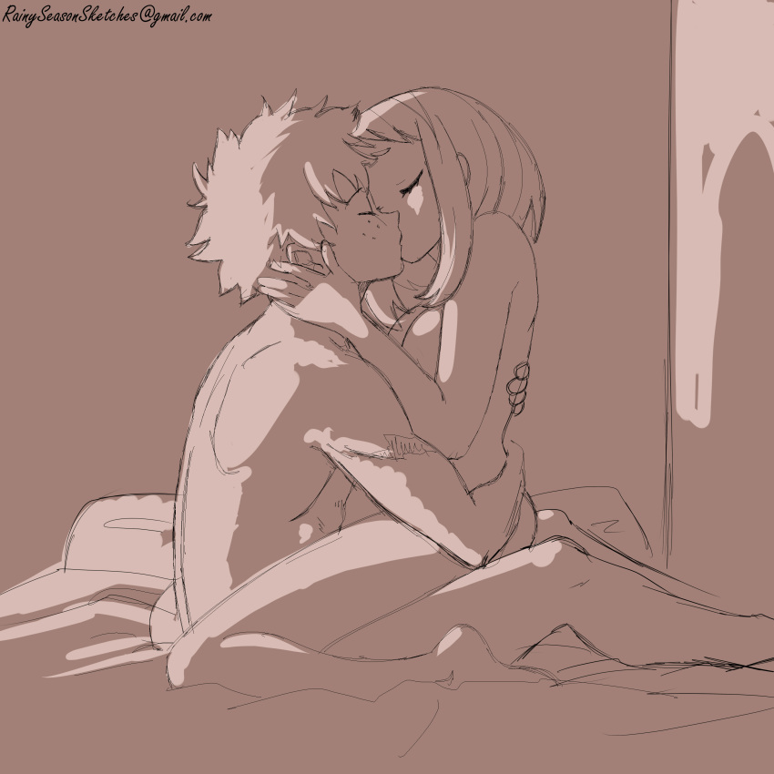 1boy 1girls bed breasts cute embrace female girl_on_top intimate izuku_midoriya kissing making_love male male/female male_penetrating_female monochrome my_hero_academia naked naked_female naked_male nude nude_female nude_male ochako_uraraka rainyseasonsketches rebeccarains romantic straight teenage_boy teenage_couple wholesome