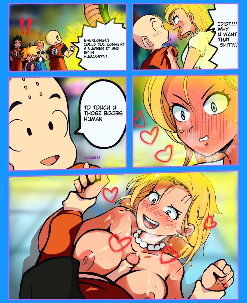 1girls ahe_gao android_18 areolae average_sized_penis blonde_hair blue_eyes blush breasts comic cum dialogue dragon_ball dragon_ball_z elsky_ii english_text erection female horny krillin kuririn large_breasts male nipples paizuri penis sex shenron smile son_gohan spanish_text speech_bubble straight sweet text translated yamcha yellow_hair