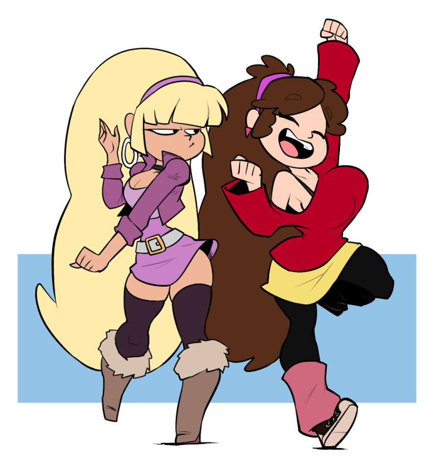 2girls alternate_breast_size big_hair bigdad bimbo black_eyes blonde_hair boots breast_envy breasts brown_hair cleavage closed_eyes disney disney_channel earrings fist_pump gravity_falls happy hoop_earrings large_breasts leg_warmers leggings looking_at_another mabel_pines multiple_girls open_mouth pacifica_northwest ponytail running straight_hair sweater thighhighs very_long_hair