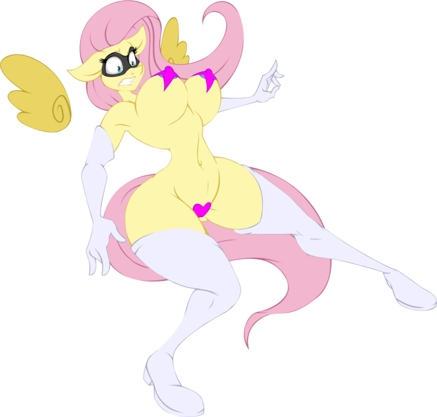 1girls animal_ears anthro areola big_breasts blue_eyes bouncing_breasts breasts elbow_gloves equine fluttershy_(mlp) friendship_is_magic heart_pasties huge_breasts jrvanesbroek large_breasts mask my_little_pony pasties pink_hair star_pasties straight_hair tail teeth thigh_high_boots thighs titty_vixen_(character) underboob wide_hips wings yellow_fur