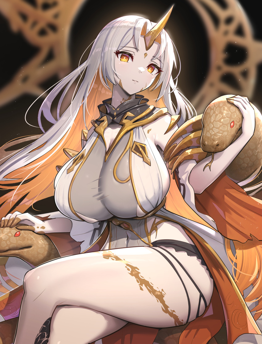 1girls absurdres animal bare_legs bare_shoulders blonde_hair bodysuit breasts commentary covered_navel female female_only fire_emblem fire_emblem_heroes forehead_jewel giant_snake gold_horns gold_trim gonzarez grey_bodysuit grey_hair gullveig_(fire_emblem) highres horns huge_breasts legs long_hair long_sleeves looking_at_viewer multicolored_hair nintendo oversized_animal pale_skin single_horn snake snake_hair solo thick_thighs thighs two-tone_hair very_long_hair white_hair yellow_eyes yellow_horns