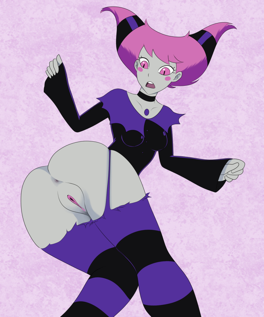 1girls anus ass clothing dc female female_only hair jinx_(dc) looking_back open_mouth pale-skinned_female pale_skin pink_hair presenting presenting_anus presenting_hindquarters presenting_pussy pussy scorchingnova solo teen_titans