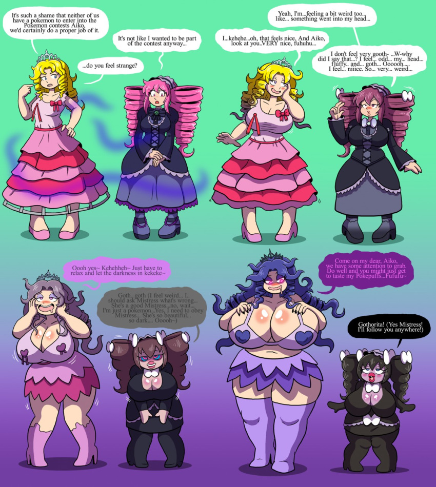 1girls big_breasts big_butt bimbo bimbofication blush breast_expansion chubby clothed english_text getting_bigger gothorita hex_maniac hexification hips human overweight overweight_female pink_clothing pokemon pokemon_bw prinnydood shortstack text thick_thighs transformation wide_hips