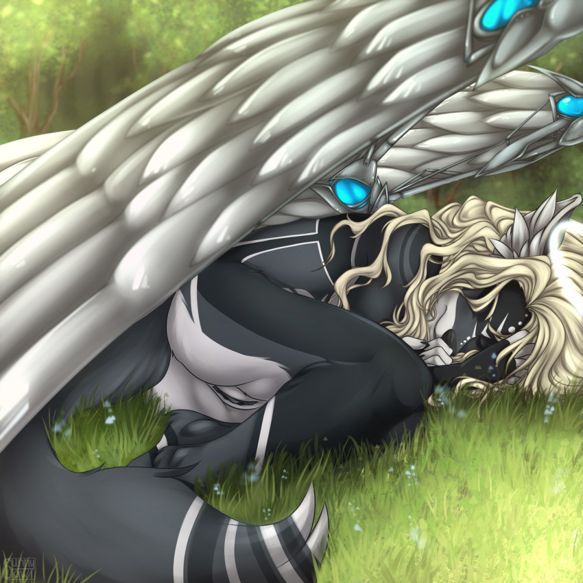 1:1 2019 anthro black_fur black_pussy blonde_hair canid canine closed_eyes day detailed_background female fur grass hair halo hi_res lying mammal mechanical_wings nude on_side outside pussy sleeping solo sunnyowi