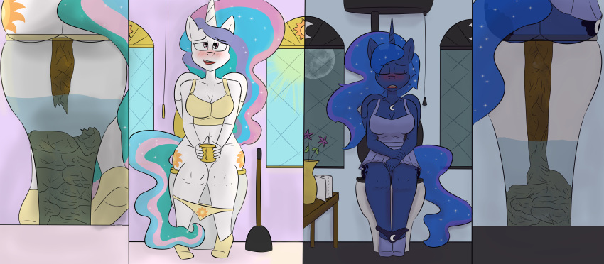 absurd_res alicorn anthro bathroom blue_body blue_hair blush bra breasts clothed clothing container cup cutie_mark day detailed_background digital_media_(artwork) dress duo equid equine feathered_wings feathers feces female flower footwear friendship_is_magic hair hasbro hi_res horn horse mammal multicolored_hair my_little_pony night notmypornaccount open_mouth panties panties_down partially_clothed pink_eyes plant plunger pony princess_celestia_(mlp) princess_luna_(mlp) scat scat shoes sitting sky smile toilet toilet_paper toilet_use topwear underwear underwear_down unicorn vase white_body wings