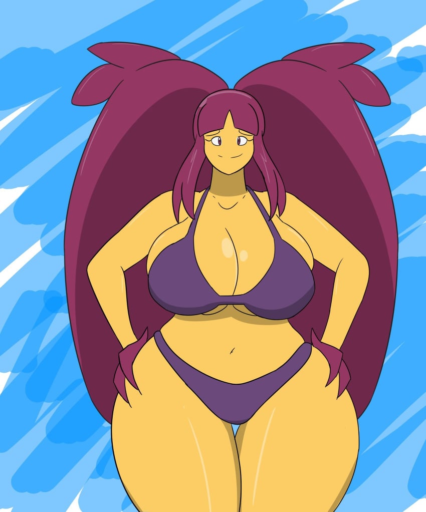 1girls 3_fingers alternate_color anthro anthrofied belly bikini blue_background breasts cleavage clothed erica_(igph) eye_contact female female_only half-closed_eyes huge_ass huge_breasts igphhangout looking_at_viewer mawile mega_mawile midriff navel original_character pokemon pokemon_(species) pokemon_rse pokemon_xy pose purple_eyes purple_hair shiny_pokemon smile solo thick_thighs thigh_gap twintails underboob wide_hips yellow_skin