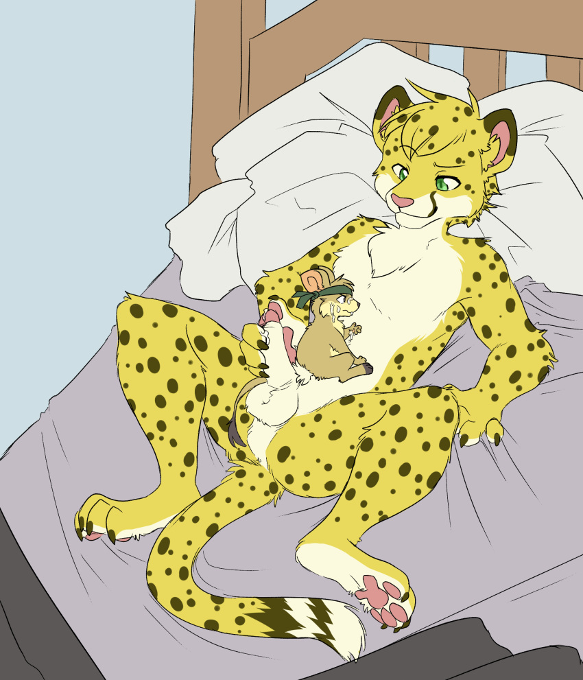 anthro balls bandana bed bodily_fluids buckteeth cheetah chest_tuft claws cum cum_on_face cum_on_hand duo erection felid feline foreskin fur genital_fluids green_eyes hi_res jazzy_(desertmouse) lying male male/male mammal masturbation mouse murid murine nude on_back pawpads penile penile_masturbation penis perineum pillow pubes rodent salmy semi-anthro sex size_difference smile spreading teeth thatwildmary tuft