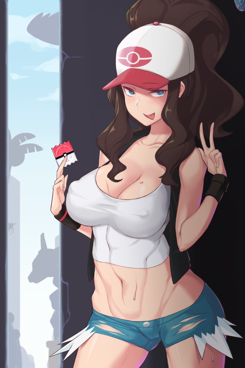 1girls abs alolan_exeggutor ambiguous_gender blue_eyes breasts brown_hair clothed exeggutor hat hilda_(pokemon) looking_at_viewer nintendo onix pokemon pokemon_bw pokemon_sm ponytail public public_nudity pussy shirt short_shorts shorts source_request tank_top thigh_gap yanje