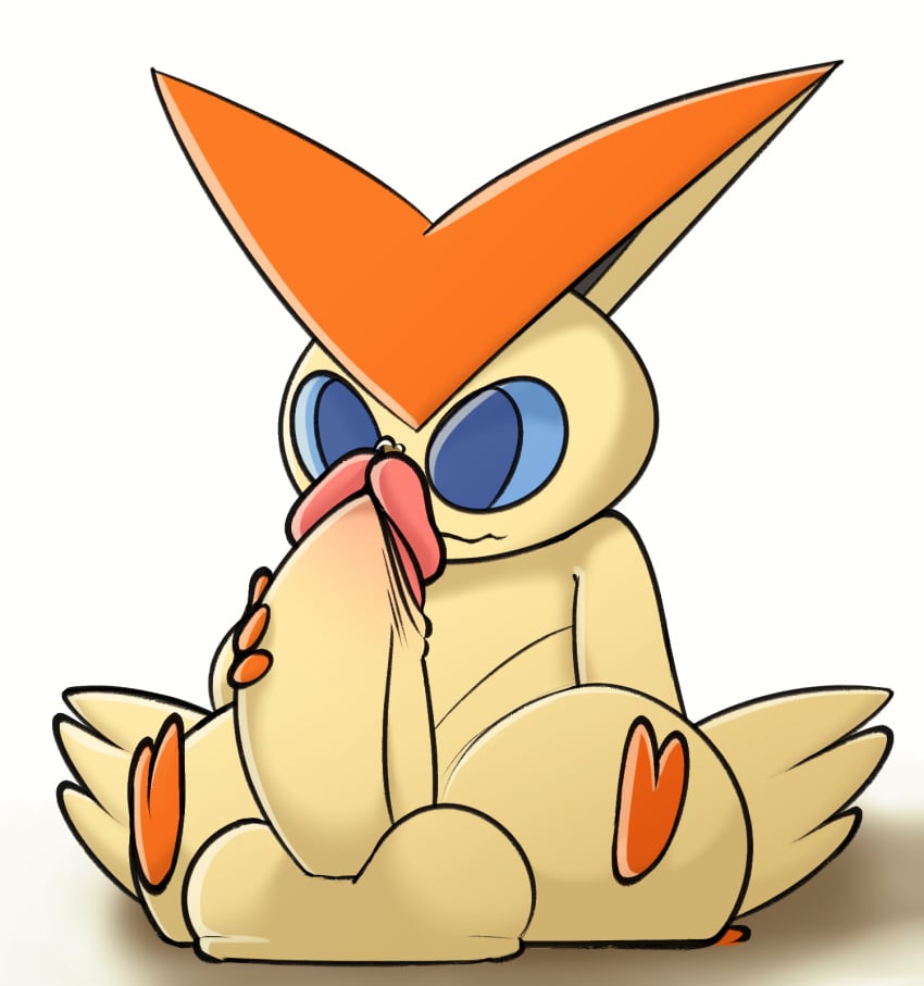 1boy balls big_penis blue_eyes bodily_fluids fur furry furry_only gay genital_fluids hi_res huge_penis huge_testicles humanoid_penis legendary_pokémon male male_only mammal nintendo penis pokémon_(species) pokemon pokemon_bw precum shortstack simple_background solo thick_thighs victini video_games vun wings