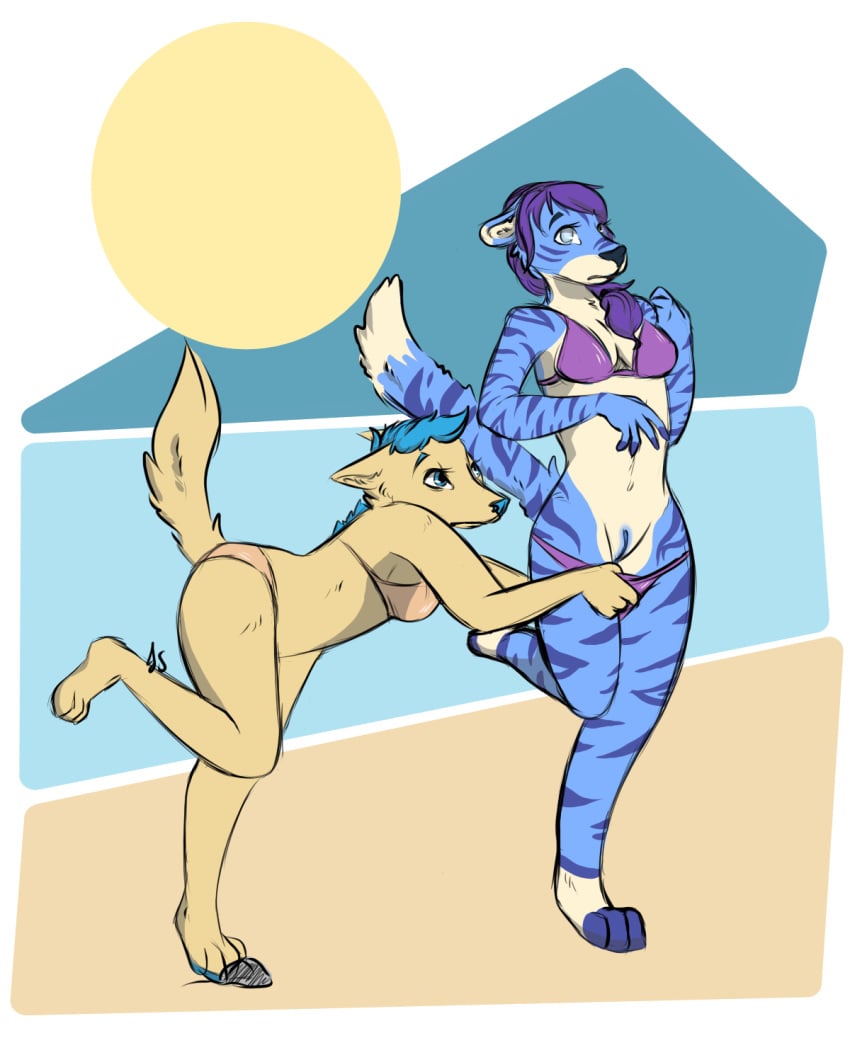 2019 accidental_exposure anthro assisted_exposure bikini blue_eyes blue_hair blue_nose blue_pussy breasts canid canine canis clothing dipstick_tail domestic_cat domestic_dog duo felid feline felis fur hair hi_res mammal multicolored_tail navel purple_hair pussy rock simple_background small_breasts striped_fur stripes succulentsucubus sun surprise swimwear tan_fur toeless_(marking) trip wide_eyed