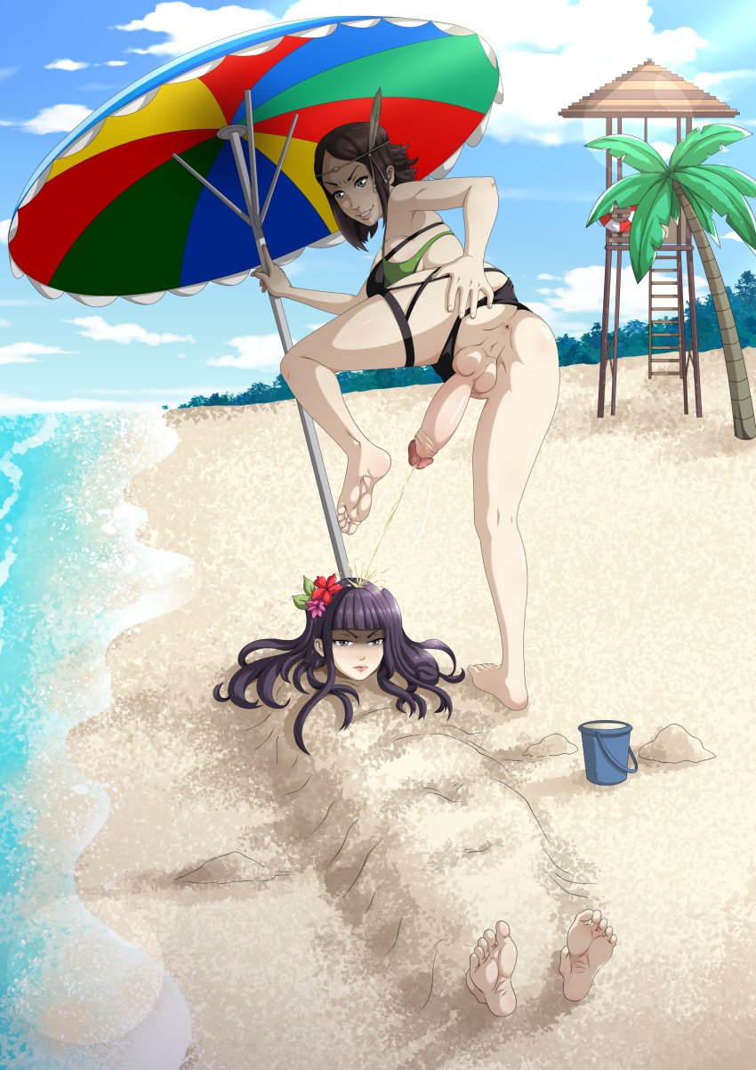 1dickgirl 1futa 1girls alternate_costume ass balls bangs barefoot beach bent_over big_breasts big_penis bikini black_hair breasts brown_hair buried_in_sand clothed clothing dickgirl duo erection evil_grin feet female fire_emblem fire_emblem_awakening fire_emblem_heroes futa_on_female futa_sans_pussy futanari golden_shower green_bikini green_swimsuit human leg_lift light-skinned_female light-skinned_futanari light_skin long_hair mostly_nude mother_and_daughter nintendo noire_(fire_emblem) noire_(summer)_(fire_emblem) nude official_alternate_costume peeing peeing_on_another peeing_on_head penis scowl source_request swimsuit tharja_(fire_emblem) tharja_(summer)_(fire_emblem) the_dark_mangaka urinating_futanari urination watersports