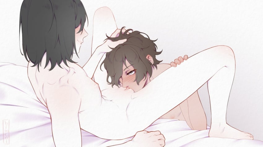 2boys bed black_hair blush blushing blushing_at_another blushing_male brown_eyes brown_hair brunet bsd bungo_stray_dogs bungou_stray_dogs clitoral_stimulation clitoris cunnilingus cuntboy cuntboy/male cuntboy_on_male dazai_osamu duo duo_focus eating_out eating_pussy fyodor_dostoevsky fyozai hand_in_hair hand_on_head hands_on_thighs himcot intersex legs_apart licking licking_pussy light-skinned_male light_skin naked nude nude_male on_bed oral oral_sex osamu_dazai pale-skinned_male pale_skin pussy_eating seductive_look