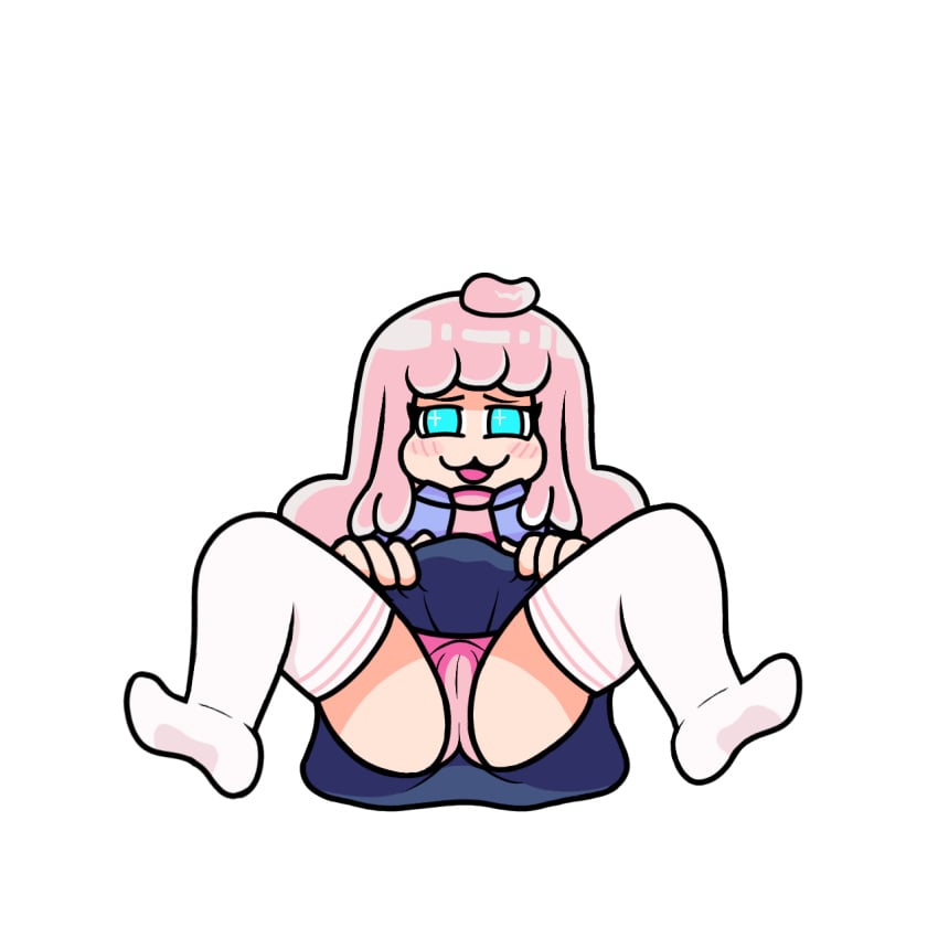 anonymous_artist blue_eyes clothed cloud_(friday_night_funkin) exposed_panties fluffy_hair friday_night_funkin friday_night_funkin_mod lifting_skirt lying_on_back pink_hair pink_panties solo tagme