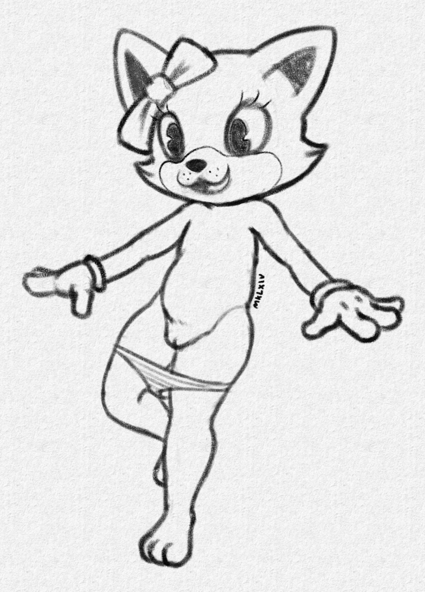 anthro clothing cub digital_media_(artwork) domestic_cat felid feline felis female gloves handwear hi_res mammal mklxiv nude pancake_(toontown) panties ribbons signature sketch solo toontown_corporate_clash toontown_online toony_eyes underwear