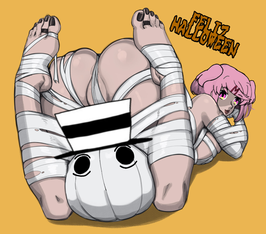 1girls beelceteam beelceverse beelceverse_knights black_nails candy darkraiteam doki_doki_literature_club elegantede female hallow halloween halloween_costume halloween_pumpkin happy_halloween jackreaper large_breasts misfin_(natsuki_mola) mummy_costume mummy_wrappings natsuki_(doki_doki_literature_club) on_all_fours pink_eyes pink_hair short_hair short_pink_hair