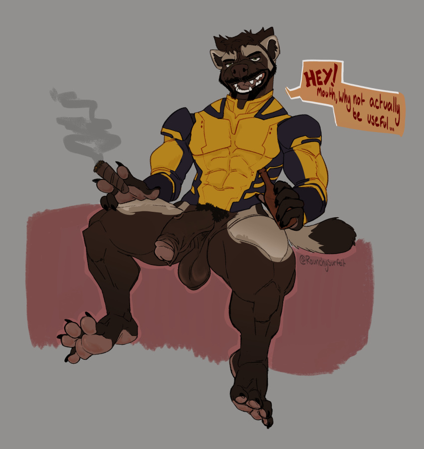 1boy anthro anthro_only balls beard big_balls big_penis bottomless bottomless_male cigar cigar_smoke clothed clothing degradation demanding facial_hair feet fellatio_gesture fellatio_request foreskin genitals gesture gulonine hi_res humanoid_genitalia humanoid_penis male male_only mammal marvel marvel_comics muscular muscular_anthro mustelid musteline oral_request pawpads penis pubes raunchysurfeit retracted_foreskin saggy_balls sitting smoke solo suggestive suggestive_gesture toothy_grin wolverine wolverine_(x-men) x-men