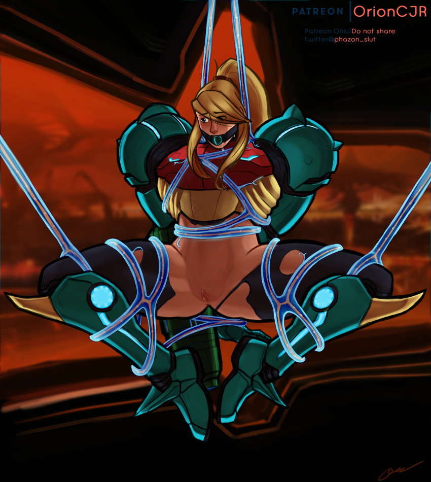 alternate_costume alternate_version_available armor arms_behind_back background ball_gag bare_legs bare_midriff blonde_hair blue_eyes bondage drooling female female_only human metroid metroid_prime nintendo patreon_logo patreon_username phazon_slut ponytail power_suit pubic_stubble pussy restrained samus_aran signature solo spread_legs tentacle thick_thighs torn_bodysuit