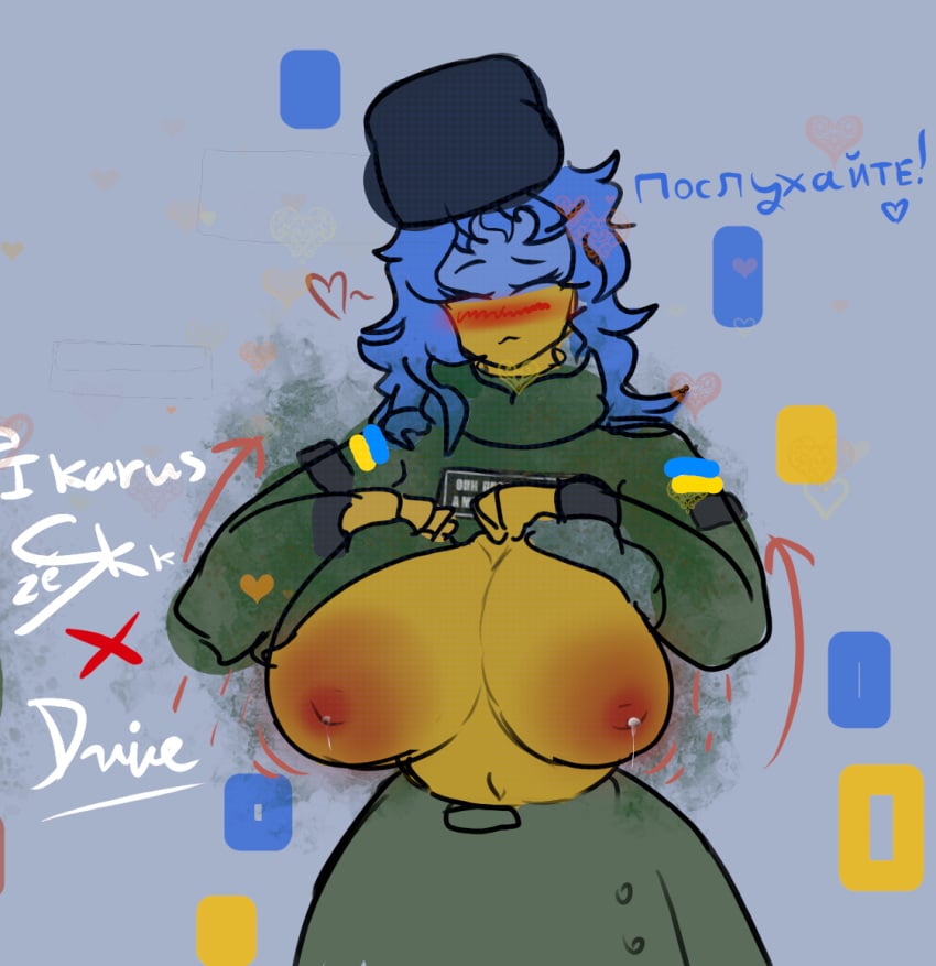 2girls avg_szekely big_breasts countryhumans countryhumans_girl flashing flashing_breasts heart ikarusz military_jacket military_uniform milk national_personification tagme ukraine ukraine_(countryhumans) ukrainian