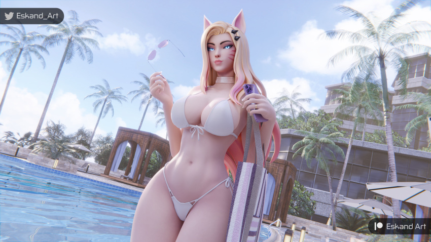 1boy 3d 3d_(artwork) after_fellatio ahri beach bikini bikini_bottom bikini_top blonde_hair blue_eyes completely_nude cum_on_face cum_on_tongue dark-skinned_male erection eskandart female french_nails french_tip hairclip imminent_sex k/da_ahri k/da_series large_breasts large_penis league_of_legends naughty_face nipples nude one_eye_closed open_mouth penis penis_grab phone pink_nails pool pov puffy_nipples sunglasses