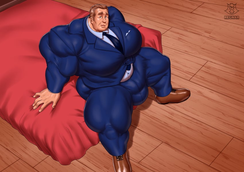 big_bulge bodybuilder bulge human hyper legs_apart looking_at_viewer male male_only massive_bulge muscles muscular muscular_arms muscular_male muscular_thighs on_bed regnar spread_legs suit tie tight_clothing