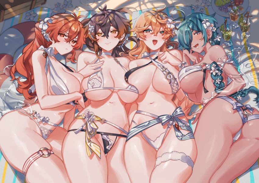 4girls beach beach_towel big_breasts bikini black_hair blue_eyes blue_hair blush bow breasts breasts_to_breasts brown_hair childe_(genshin_impact) crow_3434 diluc_(genshin_impact) drinks eyepatch flower_in_hair genderswap_(mtf) genshin_impact gradient_hair kaeya_(genshin_impact) laying_down lingerie long_hair looking_at_viewer lying midriff multiple_girls navel on_back orange_hair pout red_eyes red_hair revealing_clothes ribbon rule_63 rule_63 sideboob smile tartaglia_(genshin_impact) thick_thighs thighs thighs_together yellow_eyes zhongli_(genshin_impact) zhongli_jiejie