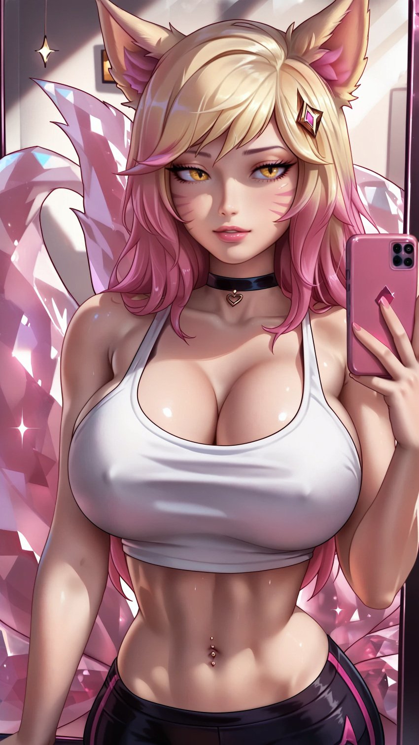 1girls ahri ai_generated bare_shoulders big_breasts breasts cellphone choker cleavage covered_nipples detailed erect_nipples fake_breasts female female_focus female_only firm_breasts focus fox_ears fox_tail k/da_ahri k/da_all_out_series k/da_series large_breasts league_of_legends light light_skin lips lipstick looking_down midriff mirror mirror_selfie nails navel navel_piercing nsfw portrait riot_games round_breasts seducing seduction seductive seductive_body seductive_eyes seductive_look seductive_pose selfie selfie_pose shiny_clothes shiny_hair shiny_skin sky4maleja smartphone tail tank_top upper_body vastaya waist