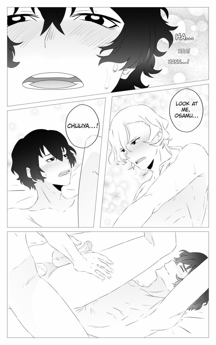 2boys anal anal_sex bed bedroom blush blushing_at_partner blushing_male blushing_profusely bungo_stray_dogs bungou_stray_dogs chuuya_nakahara comic comic_page dazai_osamu english_dialogue english_text feminine_male gay in_bed in_love lean_figure lean_muscle legs legs_apart legs_held_open looking_at_another looking_back looking_pleasured male male/male male_focus male_only male_penetrated male_penetrating male_penetrating_male muscles nakahara_chuuya no_color osamu_dazai penetration sex twink twitter wholesome wholesome_sex