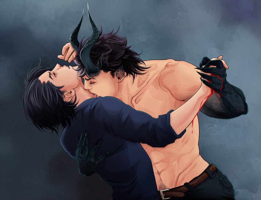 2boys batman_(series) black_hair claws dc dc_comics demon_horns devil_horns gay horns jason_todd licking licking_neck male male/male no_visible_genitalia red_hood_(dc) red_robin sharp_claws shirtless shirtless_male tim_drake yaoi