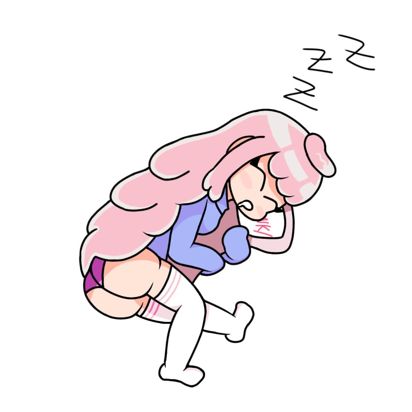 anonymous_artist ass blue_eyes cloud_(friday_night_funkin) fluffy_hair friday_night_funkin friday_night_funkin_mod pillow pink_hair pink_panties sleeping socks solo tagme