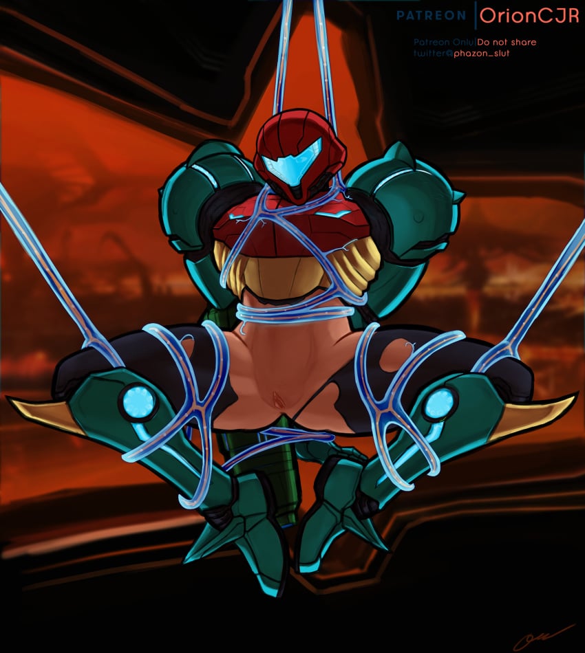 alternate_costume alternate_version_available armor arms_behind_back background bare_legs bare_midriff blonde_hair blue_eyes bondage female female_only human metroid metroid_prime nintendo patreon_logo patreon_username phazon_slut power_armor power_suit pubic_stubble pussy restrained samus_aran signature solo spread_legs tentacle thick_thighs torn_bodysuit