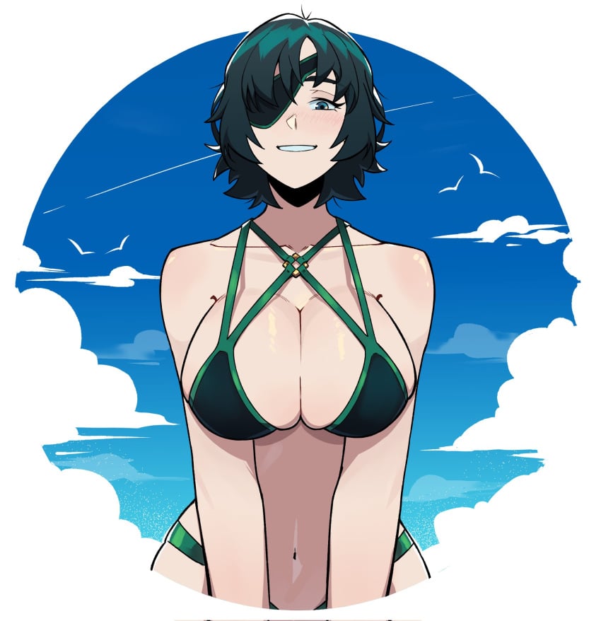 1girls aneurysm.ax aneurysm_ax bikini blue_sky blush breasts chainsaw_man cleavage cloud cloudy_sky eyepatch female green_bikini green_eyes green_hair highres himeno_(chainsaw_man) large_breasts looking_at_viewer navel parted_lips shiny_skin short_hair skindentation sky smile solo standing swimsuit teeth