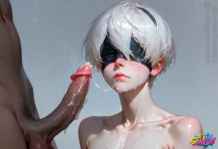 2boys 2d after_fellatio after_oral ai_generated blindfold cum cum_string dark-skinned_male femboy gay light-skinned_male nier:_automata penis stacyart69 white_hair yorha_9s