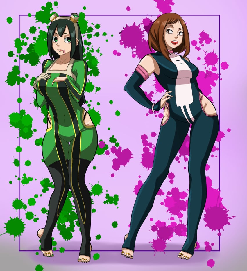 big_ass big_breasts black_hair boku_no_hero_academia chestnut_hair color feet hero_outfit_(mha) matmuoz2 my_hero_academia ochako_uraraka tsuyu_asui two_girls uraraka_ochako