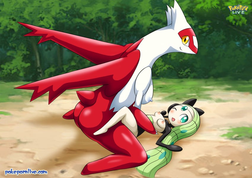 2girls amber_eyes anthro anthro_only ass bbmbbf blue_eyes blush breasts dirt female female/female female_only forest forest_background green_hair ground latias looking_at_viewer meloetta nintendo nipples on_the_ground one_eye_closed open_mouth palcomix pokemon pokepornlive tongue yuri