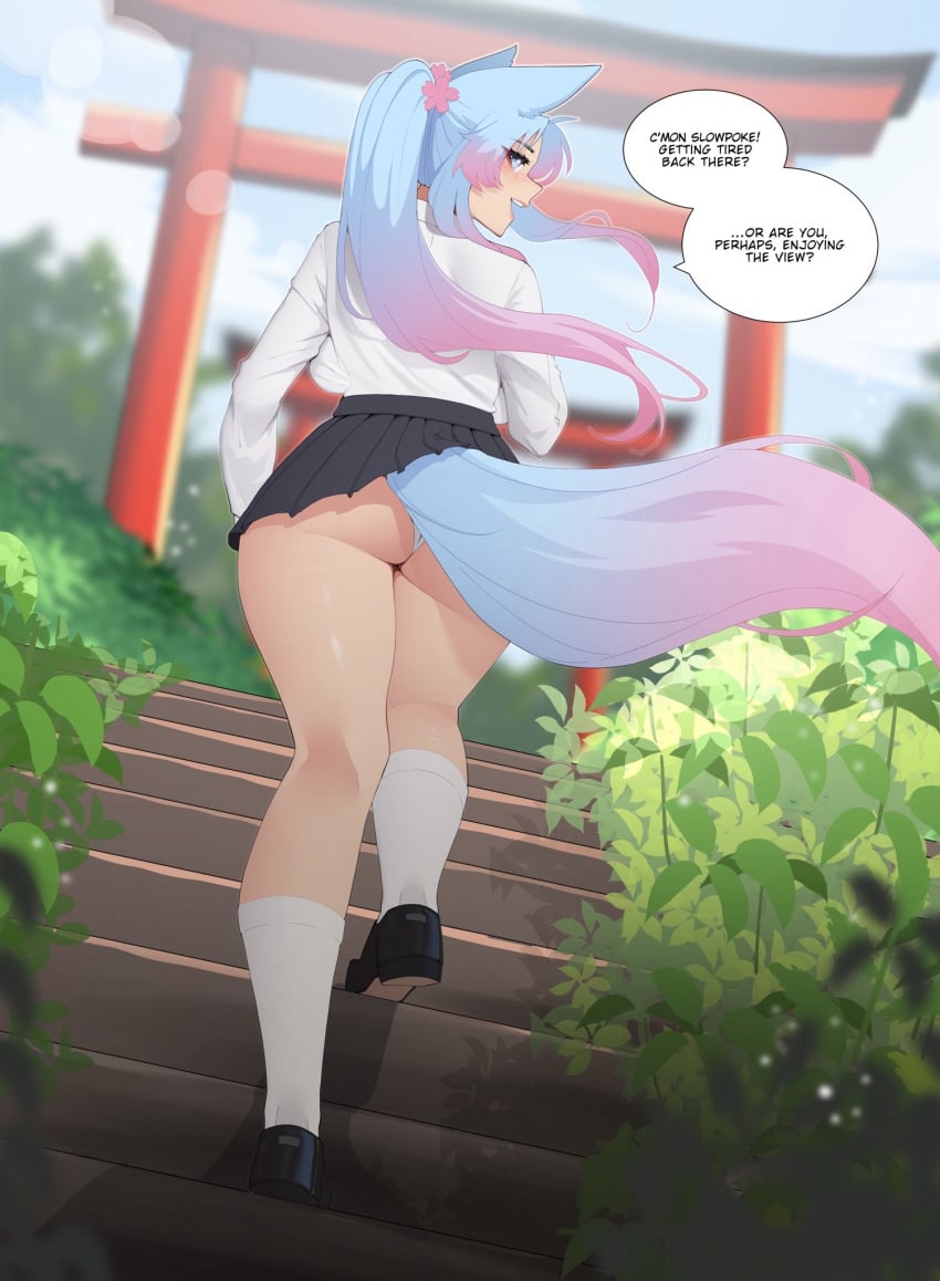 animal_ears ass blue_eyes blue_hair breasts commentary english_commentary english_text female gradient_hair hair_ornament highres indie_virtual_youtuber japan long_hair long_sleeves looking_at_viewer luxu luxurias multicolored_hair open_mouth panties pink_hair profile school_uniform silvervale skirt smile solo speech_bubble tail thick_thighs thighs underwear virtual_youtuber wolf_ears wolf_girl wolf_tail youtube