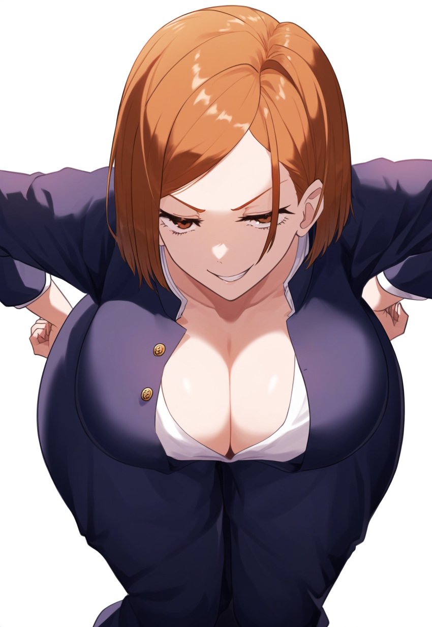 ai_generated bending_over big_breasts brown_eyes brown_hair huge_breasts jujutsu_kaisen kugisaki_nobara large_breasts leaning_forward lubbasdump massive_hips school_uniform wide_hips