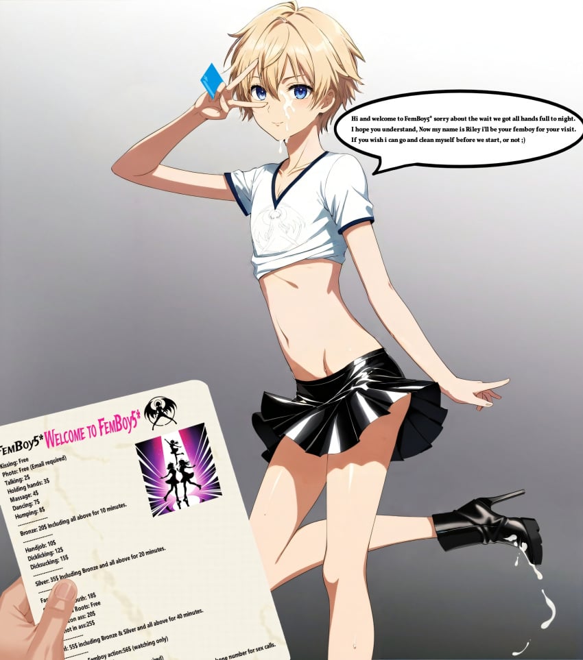 ai_generated anime_style blonde_hair blue_eyes cafe condom condom_packet cum cum_drip cum_on_boots cum_on_face femboy femboy_only feminine feminine_male feminization high_heel_boots high_heels latex latex_boots latex_clothing male male_only menu peace_sign restaurant resturant short_hair skirt teenager text text_bubble