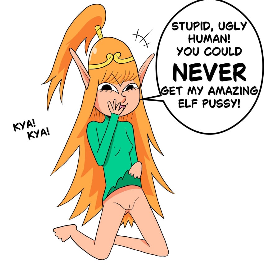 1girls accurate_art_style black_eyes dealkdoodles dialogue dress elf elf_(merrivius) elf_comic_(webtoon) elf_ears elf_female elf_girl english english_text exposed_pussy green_dress hair_ornament kneeling laugh light_skin looking_at_viewer official_style orange_hair pussy skirt_lift small_breasts solo solo_focus speech_bubble talking webtoon white_background