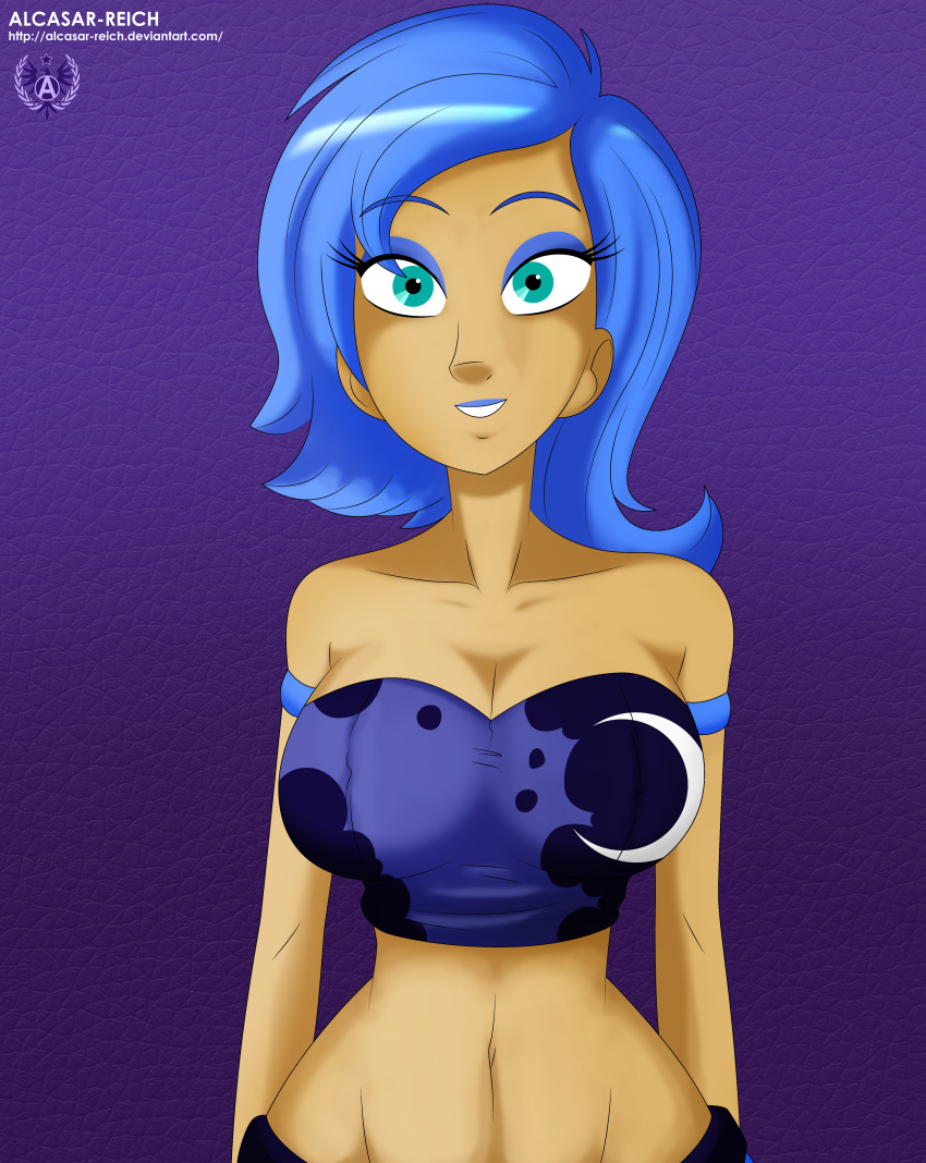 1girls alcasar-reich bare_shoulders blue_eyes blue_hair blue_lipstick breasts cleavage crescent_moon female female_only friendship_is_magic humanized large_breasts lipstick looking_at_viewer makeup mascara medium_hair midriff my_little_pony navel princess_luna_(mlp) purple_background simple_background smile wide_hips