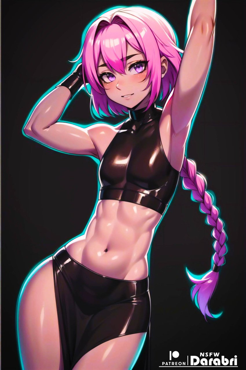 1boy abs ai_generated armpits arms_up astolfo_(fate) black_background blush crop_top cute darabri fate_(series) femboy feminine_male flat_chest girly glowing latex lips logo loincloth looking_at_viewer midriff outline patreon patreon_logo pink_eyes simple_background single_braid streaked_hair thighs toned trap yaoi