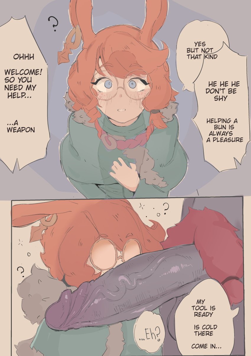 1boy 1girls ? aurora_(league_of_legends) big_penis blush bunny_ears cafin clothed comic earrings freckles glasses league_of_legends looking_at_partner orange_hair ornn penis_awe presenting sweat text vastaya