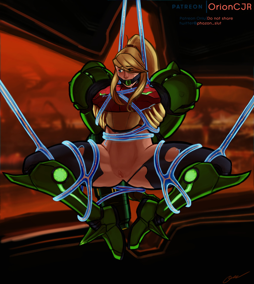 alternate_costume alternate_version_available armor arms_behind_back background ball_gag bare_legs bare_midriff blonde_hair blue_eyes bondage drooling female female_only human metroid metroid_prime nintendo patreon_logo patreon_username phazon_slut ponytail power_suit pubic_stubble pussy restrained samus_aran signature solo spread_legs tentacle thick_thighs torn_bodysuit