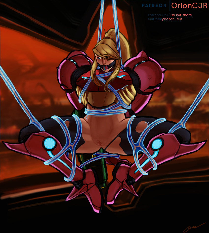 alternate_costume alternate_version_available armor arms_behind_back background ball_gag bare_legs bare_midriff blonde_hair blue_eyes bondage drooling female female_only human metroid metroid_prime nintendo patreon_logo patreon_username phazon_slut ponytail power_suit pubic_stubble pussy restrained samus_aran signature solo spread_legs tentacle thick_thighs torn_bodysuit