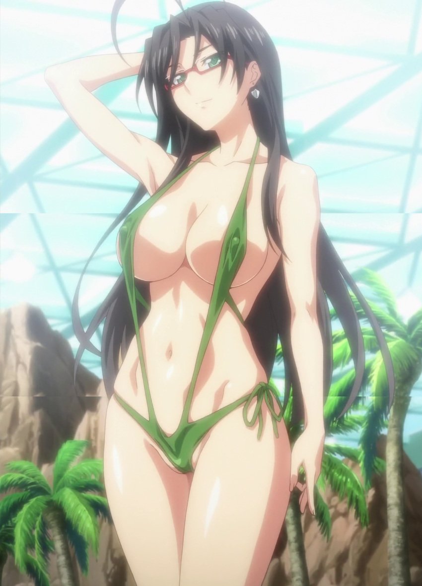 1girls anime_screencap bangs big_breasts bikini black_hair breasts cleavage earrings erect_nipples glasses green_eyes hand_on_head hasegawa_chisato large_breasts long_hair mature_female megane navel outside production_ims revealing_clothes screencap screenshot shinmai_maou_no_testament skindentation sling_bikini swimsuit thighs wide_hips