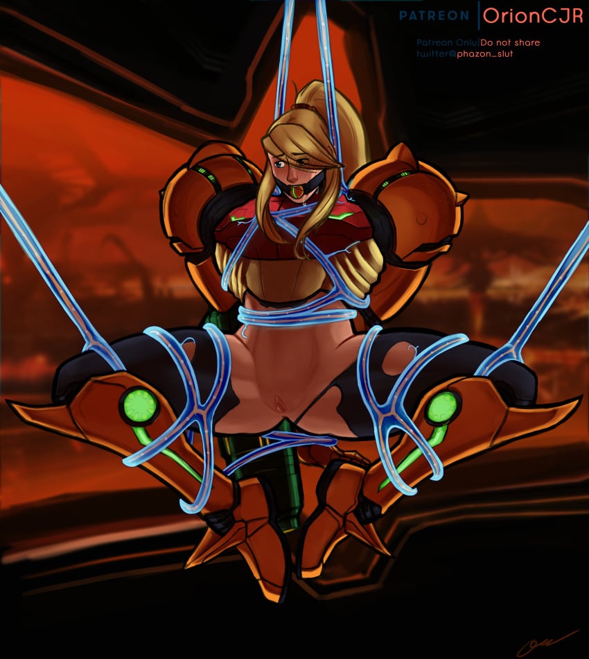 armor armored_samus arms_behind_back background ball_gag bare_legs bare_midriff blonde_hair blue_eyes bondage drooling exposed_pussy female female_only gag gagged human long_hair metroid metroid_prime nintendo patreon_logo patreon_username phazon_slut ponytail power_suit pubic_stubble pussy restrained samus_aran signature solo spread_legs tentacle thick_thighs torn_bodysuit vagina varia_suit