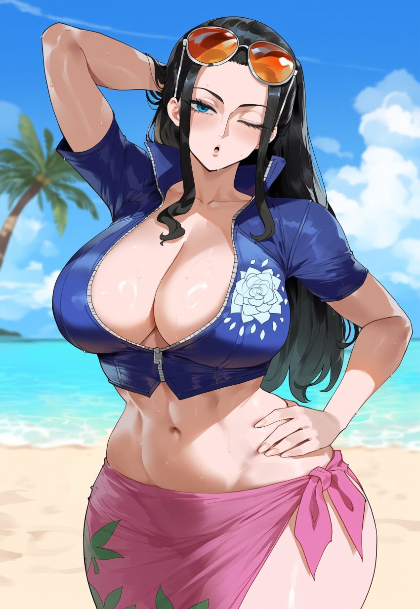 ai_generated beach black_hair blue_eyes cleavage creamy_ai curvy female female_only huge_breasts jacket midriff narrow_waist navel nico_robin one_eye_closed one_piece post-timeskip sarong thick_thighs wide_hips