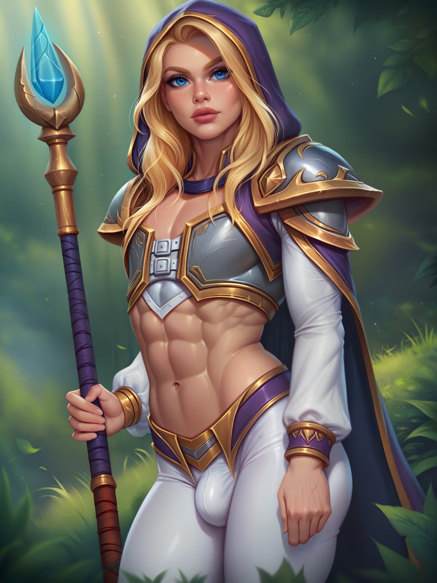 1boy ai_generated ambush_(trap) armor blonde_hair blue_eyes bulge clothed dick femboy forest hood jaina_proudmoore mage male male_only midriff muscular_abs muscular_arms muscular_femboy pale-skinned_femboy penis pinup rule63 solo staff trap warcraft_3 world_of_warcraft