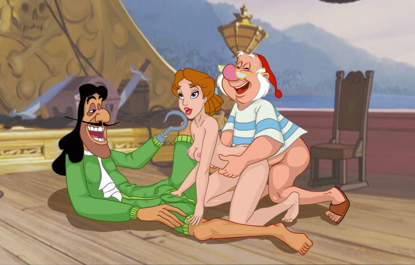 big_penis black_hair brown_hair captain_hook disney drachenberg glasses hands_on_belly hook_hand mr._smee nude_female peter_pan_(disney) pirate pirate_ship wendy_darling wooden_floor